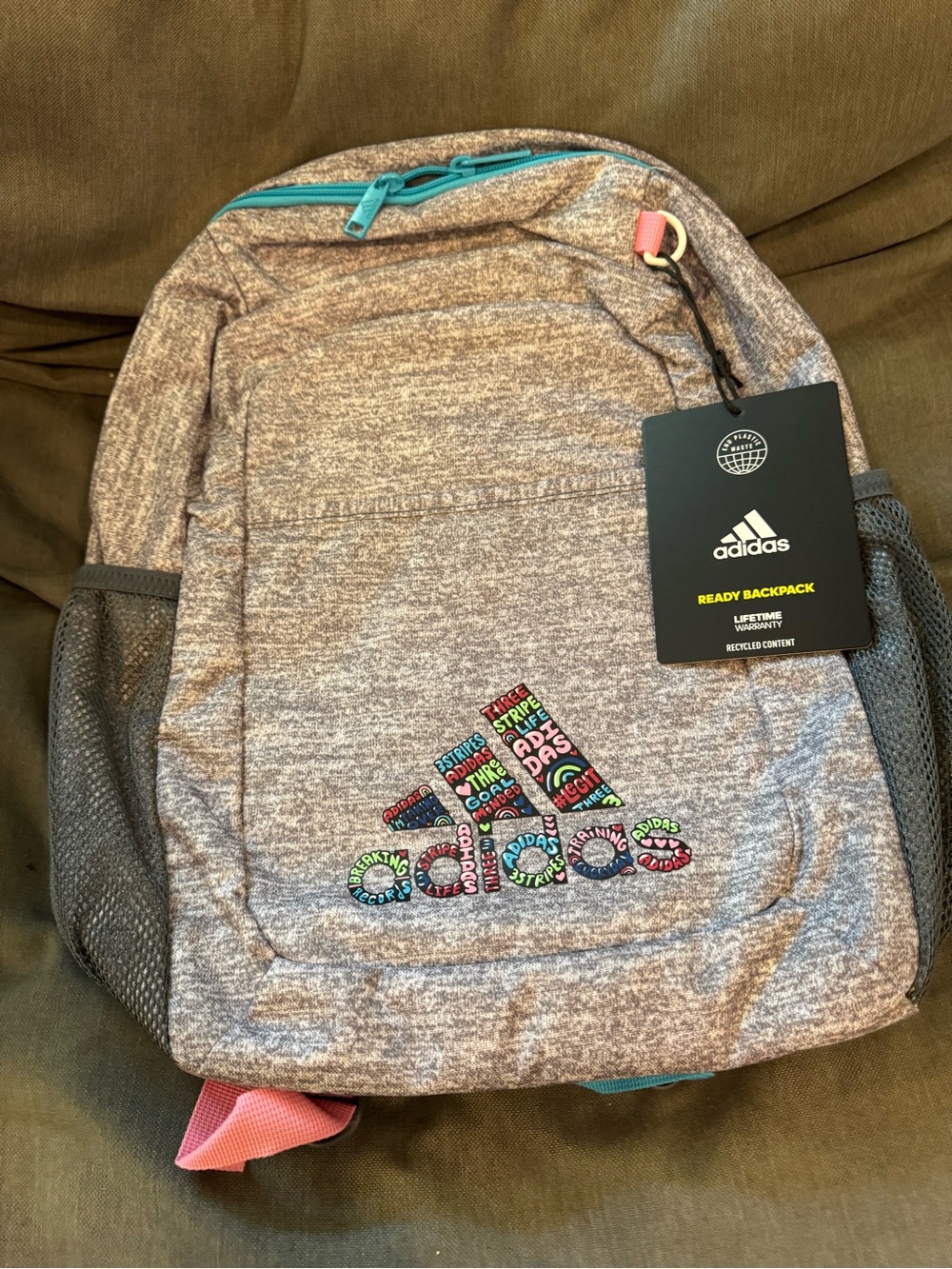 adidas Kids Heather Gray Backpack with Multicolor Logo NWT